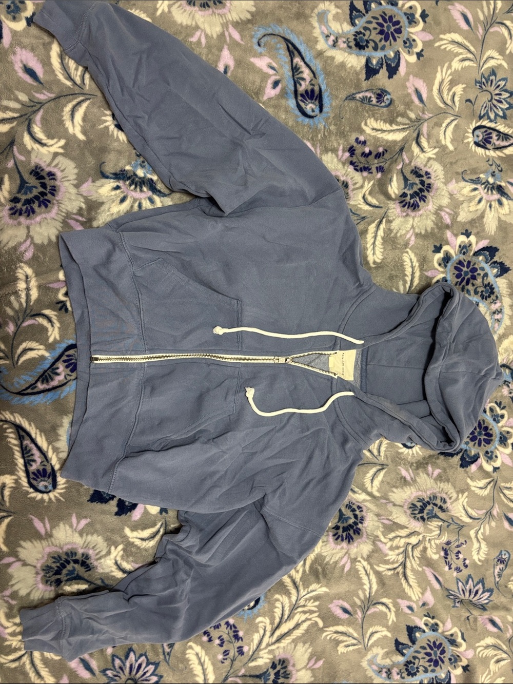 American Eagle Dusty Blue Zip Hoodie with White Drawstrings